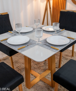 Alternative view of Mesa de Jantar Pedro 90x90 Vidro Off/Base Madeira + 4 Cad. Lisboa Veludo Preto 504 Madeira Art Assento - Entregue Montada