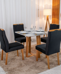 Mesa de Jantar Pedro 90x90 Vidro Off/Base Madeira + 4 Cad. Lisboa Veludo Preto 504 Madeira Art Assento - Entregue Montada - Imagem 3