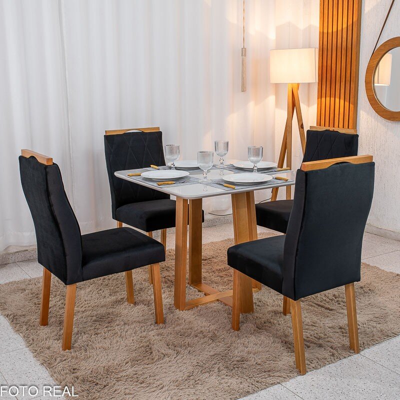 Mesa de Jantar Pedro 90x90 Vidro Off/Base Madeira + 4 Cad. Lisboa Veludo Preto 504 Madeira Art Assento - Entregue Montada - Imagem 3