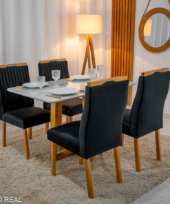 Mesa de Jantar Pedro 120×80 Vidro Off/Base Madeira + 4 Cad. Genova Veludo Preto 504 Madeira Art Assento - Entregue Montada