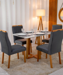 Mesa de Jantar Pedro 120×80 Vidro Off/Base Madeira + 4 Cad. Genova Veludo Cinza 507 Madeira Art Assento - Entregue Montada - Imagem 2