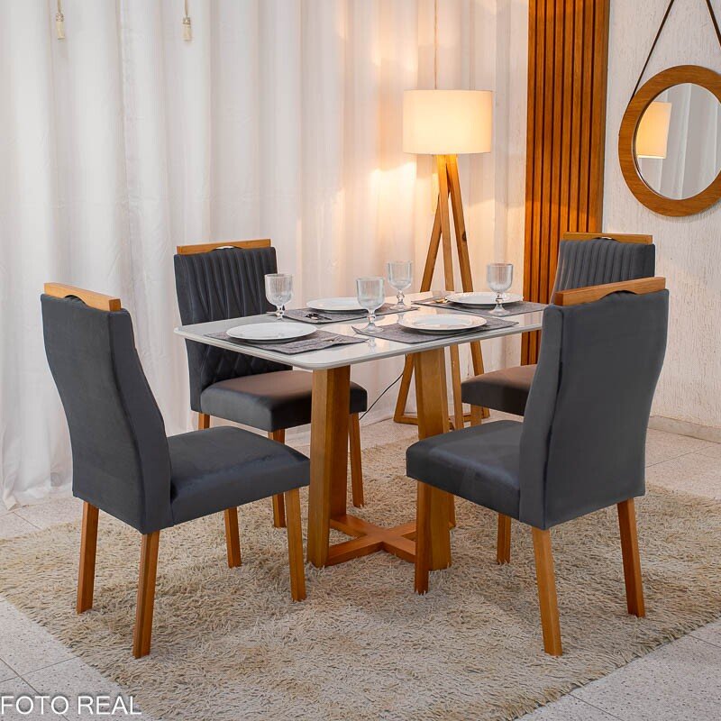 Mesa de Jantar Pedro 120×80 Vidro Off/Base Madeira + 4 Cad. Genova Veludo Cinza 507 Madeira Art Assento - Entregue Montada - Imagem 2