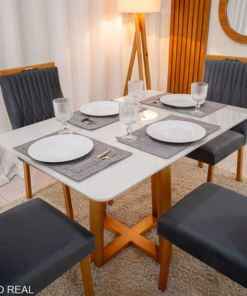 Mesa de Jantar Pedro 120×80 Vidro Off/Base Madeira + 4 Cad. Genova Veludo Cinza 507 Madeira Art Assento - Entregue Montada - Imagem 3