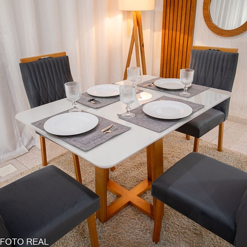 Mesa de Jantar Pedro 120×80 Vidro Off/Base Madeira + 4 Cad. Genova Veludo Cinza 507 Madeira Art Assento - Entregue Montada - Imagem 3