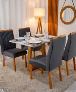 Mesa de Jantar Pedro 120×80 Vidro Off/Base Madeira + 4 Cad. Genova Veludo Cinza 507 Madeira Art Assento - Entregue Montada