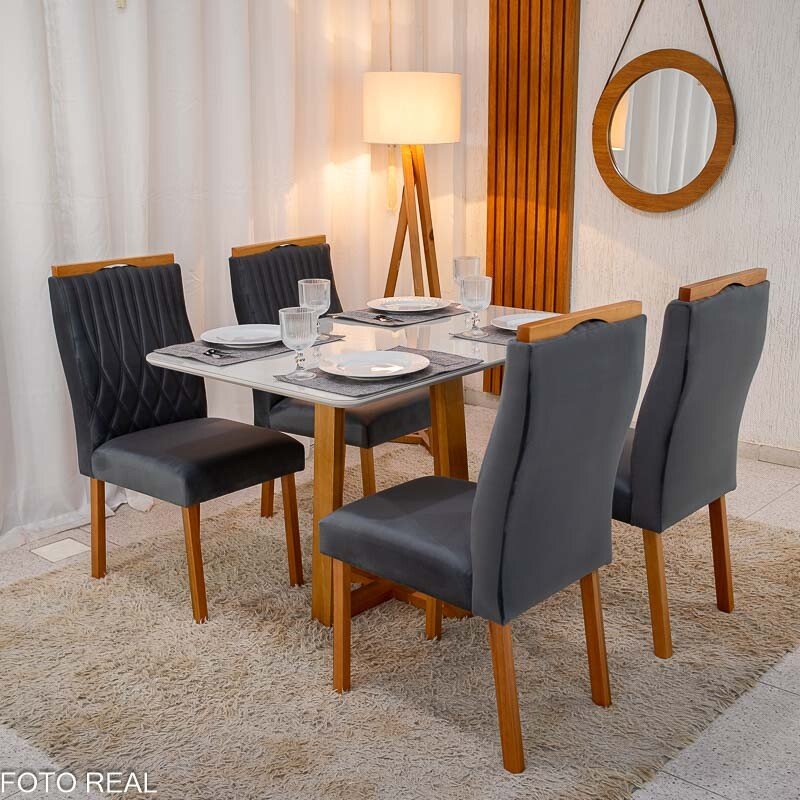 Mesa de Jantar Pedro 120×80 Vidro Off/Base Madeira + 4 Cad. Genova Veludo Cinza 507 Madeira Art Assento - Entregue Montada