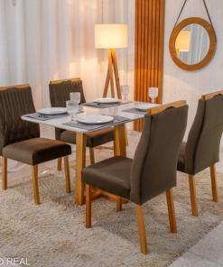 Mesa de jantar Pedro 120×80 Vidro Off/Base Madeira + 4 Cad. Genova Veludo Marrom 509 Madeira Art Assento - Entregue Montada