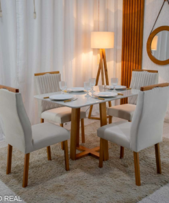 Mesa Pedro 120×80 Vidro Off/Base Madeira + 4 Cad. Genova Veludo Bege 512 Madeira Art Assento - Entregue Montada