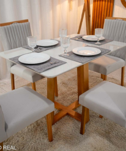 Alternative view of Mesa de Jantar Pedro 120×80 Vidro Off/Base Madeira + 4 Cad. Genova Veludo Prata 514 Madeira Art Assento - Entregue Montada