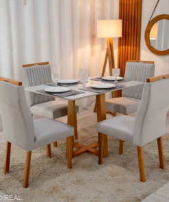 Mesa de Jantar Pedro 120×80 Vidro Off/Base Madeira + 4 Cad. Genova Veludo Prata 514 Madeira Art Assento - Entregue Montada