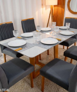 Mesa de Jantar Pedro 160×80 Vidro Off/Base Madeira + 6 Cad. Genova Veludo Cinza 507 Madeira Art Assento - Entregue Montada - Imagem 2