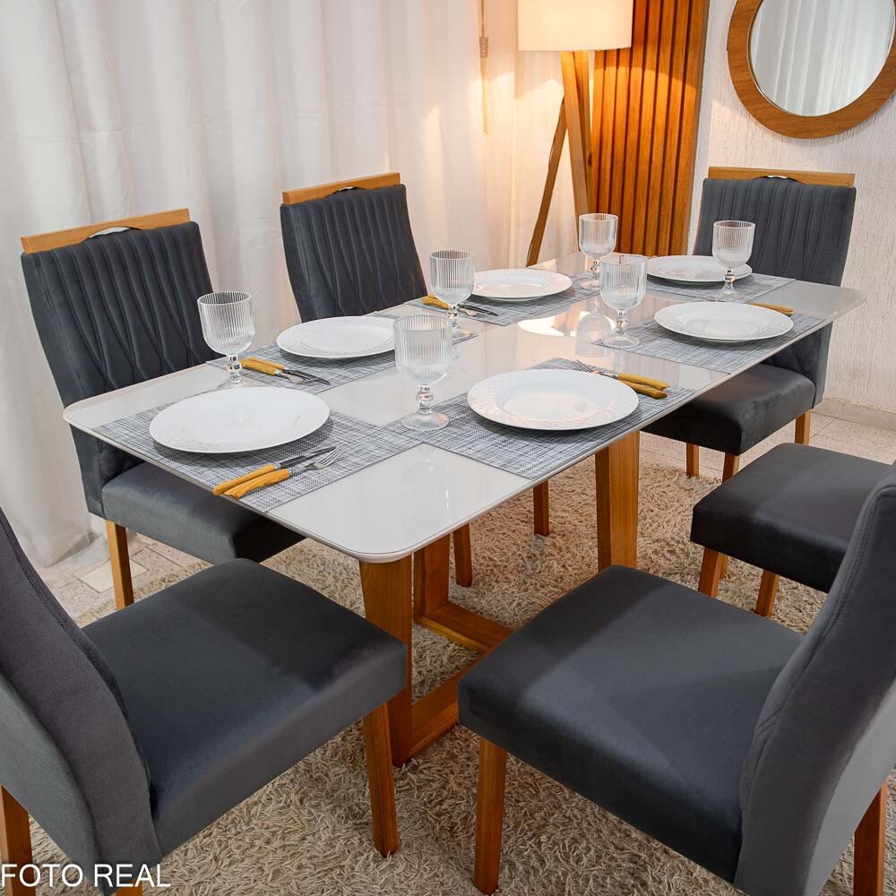 Mesa de Jantar Pedro 160×80 Vidro Off/Base Madeira + 6 Cad. Genova Veludo Cinza 507 Madeira Art Assento - Entregue Montada - Imagem 2