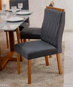 Mesa de Jantar Pedro 160×80 Vidro Off/Base Madeira + 6 Cad. Genova Veludo Cinza 507 Madeira Art Assento - Entregue Montada - Imagem 3