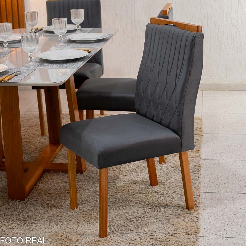 Mesa de Jantar Pedro 160×80 Vidro Off/Base Madeira + 6 Cad. Genova Veludo Cinza 507 Madeira Art Assento - Entregue Montada - Imagem 3