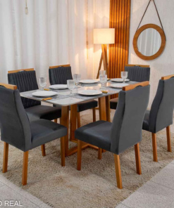 Mesa de Jantar Pedro 160×80 Vidro Off/Base Madeira + 6 Cad. Genova Veludo Cinza 507 Madeira Art Assento - Entregue Montada