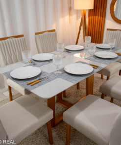 Alternative view of Mesa de Jantar Pedro 160×80 Vidro Off/Base Madeira + 6 Cad. Genova Veludo Bege 512 Madeira Art Assento - Entregue Montada