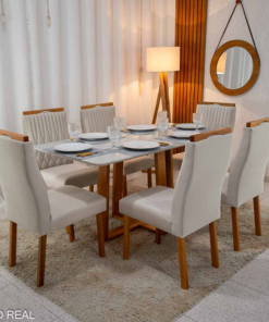 Mesa de Jantar Pedro 160×80 Vidro Off/Base Madeira + 6 Cad. Genova Veludo Bege 512 Madeira Art Assento - Entregue Montada