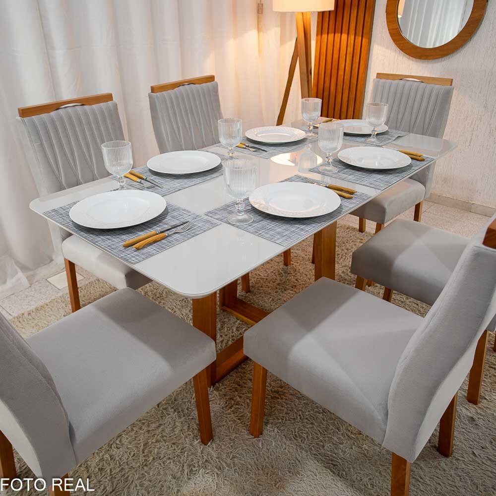 Mesa Pedro Mel Vidro OFF 160×80 6 Cadeiras Genova Veludo Prata 514 Madeira Maciça Art Assento - Entregue Montada - Imagem 3