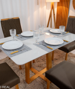 Mesa de Jantar Pedro 120x80 Vidro Off/Base Madeira + 4 Cad. Lisboa Veludo Marrom 509 Madeira Art Assento - Entregue Montada - Imagem 2
