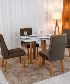 Mesa de Jantar Pedro 120x80 Vidro Off/Base Madeira + 4 Cad. Lisboa Veludo Marrom 509 Madeira Art Assento - Entregue Montada - Imagem 3