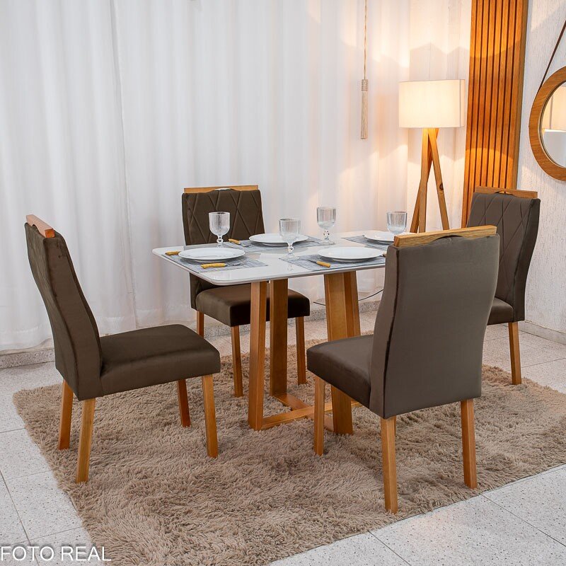 Mesa de Jantar Pedro 120x80 Vidro Off/Base Madeira + 4 Cad. Lisboa Veludo Marrom 509 Madeira Art Assento - Entregue Montada - Imagem 3