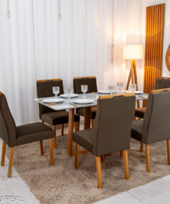 Mesa de Jantar Pedro 160×80 Vidro Off/Base Madeira + 6 Cad. Lisboa Veludo Marrom 509 Madeira Art Assento - Entregue Montada - Imagem 3