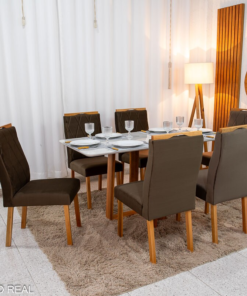 Mesa de Jantar Pedro 160×80 Vidro Off/Base Madeira + 6 Cad. Lisboa Veludo Marrom 509 Madeira Art Assento - Entregue Montada