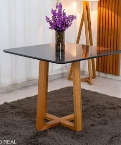 Mesa Pedro 90x90 Vidro Grafite/Base Madeira Art Assento - Entregue Montada
