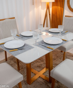 Mesa de Jantar Pedro 120x80 Vidro Off/Base Madeira + 4 Cad. Lisboa Veludo Bege 512 Madeira Art Assento - Entregue Montada - Imagem 2