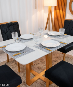 Alternative view of Mesa de Jantar Pedro 120×80 Vidro Off/Base Madeira + 4 Cad. Lisboa Veludo Preto 504 Madeira Art Assento - Entregue Montada