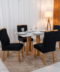 Mesa de Jantar Pedro 120×80 Vidro Off/Base Madeira + 4 Cad. Lisboa Veludo Preto 504 Madeira Art Assento - Entregue Montada