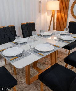 Mesa de Jantar Pedro 160×80 Vidro Off/Base Madeira + 6 Cad. Lisboa Veludo Preto 504 Madeira Art Assento - Entregue Montada - Imagem 2