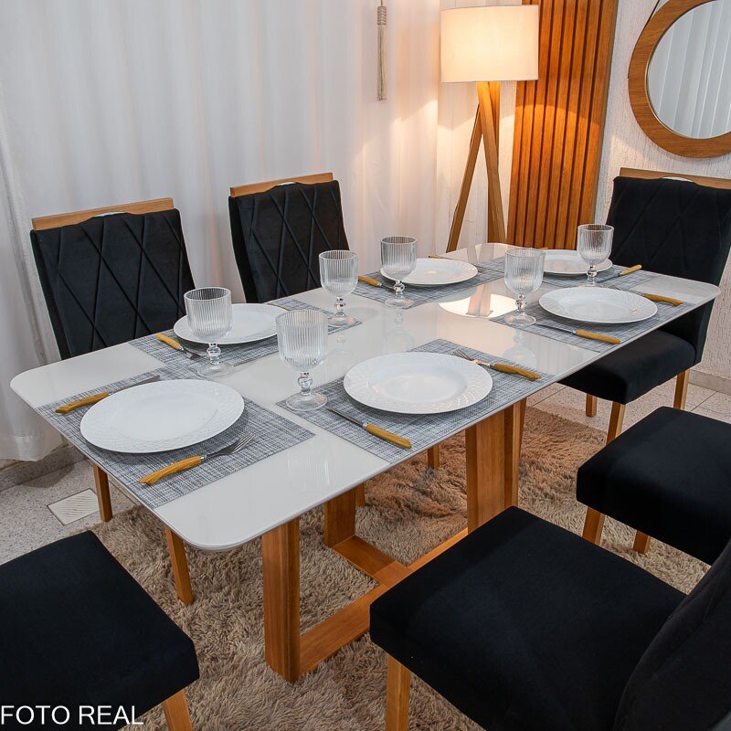 Mesa de Jantar Pedro 160×80 Vidro Off/Base Madeira + 6 Cad. Lisboa Veludo Preto 504 Madeira Art Assento - Entregue Montada - Imagem 2