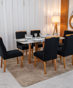 Mesa de Jantar Pedro 160×80 Vidro Off/Base Madeira + 6 Cad. Lisboa Veludo Preto 504 Madeira Art Assento - Entregue Montada - Imagem 3