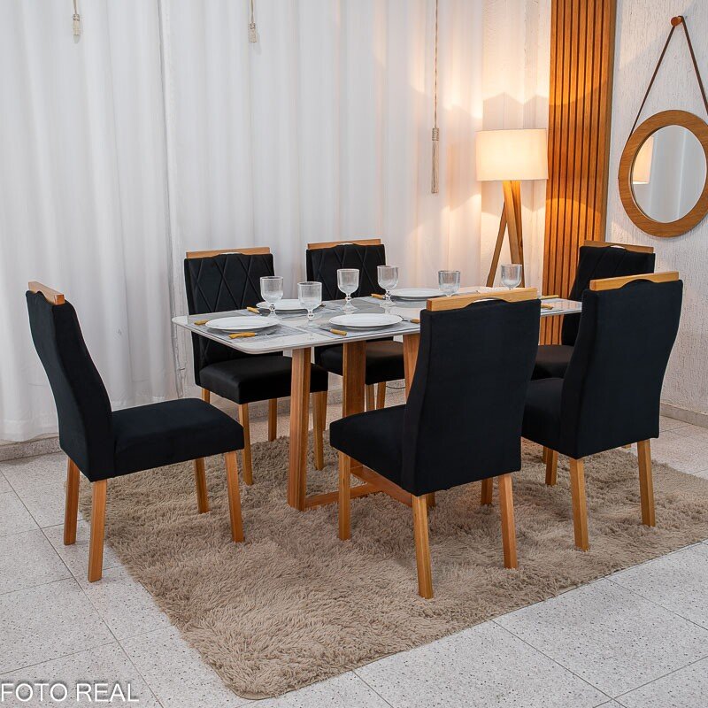Mesa de Jantar Pedro 160×80 Vidro Off/Base Madeira + 6 Cad. Lisboa Veludo Preto 504 Madeira Art Assento - Entregue Montada - Imagem 3