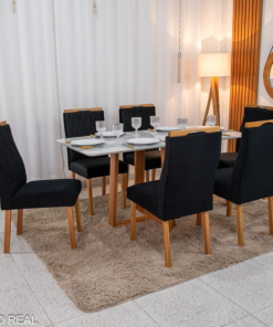 Mesa de Jantar Pedro 160×80 Vidro Off/Base Madeira + 6 Cad. Lisboa Veludo Preto 504 Madeira Art Assento - Entregue Montada