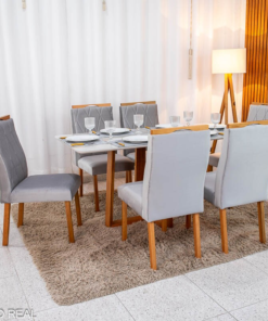 Alternative view of Mesa de Jantar Pedro 160×80 Vidro Off/Base Madeira + 6 Cad. Lisboa Veludo Prata 514 Madeira Art Assento - Entregue Montada