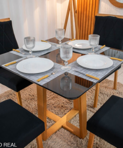 Mesa de Jantar Pedro 90x90 Vidro Preto/Base Madeira + 4 Cad. Lisboa Veludo Preto 504 Madeira Art Assento - Entregue Montada - Imagem 2