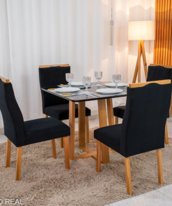 Mesa de Jantar Pedro 90x90 Vidro Preto/Base Madeira + 4 Cad. Lisboa Veludo Preto 504 Madeira Art Assento - Entregue Montada - Imagem 3