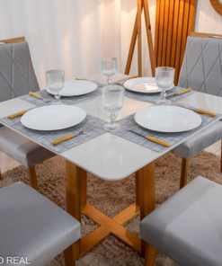 Mesa de Jantar Pedro 90x90 Vidro Off/Base Madeira + 4 Cad. Lisboa Veludo Prata 514 Madeira Art Assento - Entregue Montada - Imagem 2