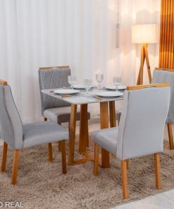 Mesa de Jantar Pedro 90x90 Vidro Off/Base Madeira + 4 Cad. Lisboa Veludo Prata 514 Madeira Art Assento - Entregue Montada - Imagem 3