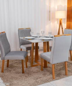 Mesa de Jantar Pedro 90x90 Vidro Off/Base Madeira + 4 Cad. Lisboa Veludo Prata 514 Madeira Art Assento - Entregue Montada