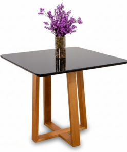Mesa Pedro 90x90 Vidro Preto/Base Madeira Art Assento - Entregue Montada