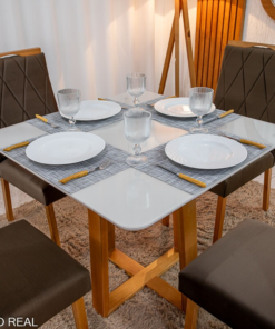 Alternative view of Mesa de Jantar Pedro 90x90 Vidro Off/Base Madeira + 4 Cad. Lisboa Veludo Marrom 509 Madeira Art Assento - Entregue Montada