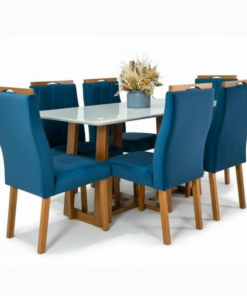 Mesa de Jantar Pedro 160×80 Vidro Off/Base Madeira + 6 Cad. Lisboa Veludo Azul 503 Madeira Art Assento - Entregue Montada - Imagem 2