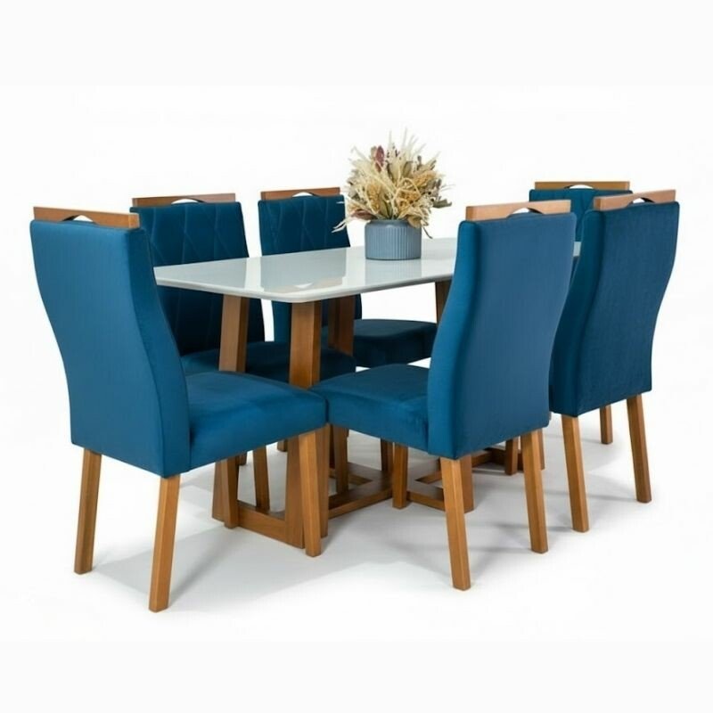 Mesa de Jantar Pedro 160×80 Vidro Off/Base Madeira + 6 Cad. Lisboa Veludo Azul 503 Madeira Art Assento - Entregue Montada - Imagem 2
