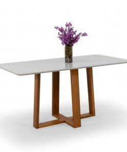 Mesa de Jantar Pedro 160×80 Vidro Off/Base Madeira + 6 Cad. Lisboa Veludo Azul 503 Madeira Art Assento - Entregue Montada - Imagem 3
