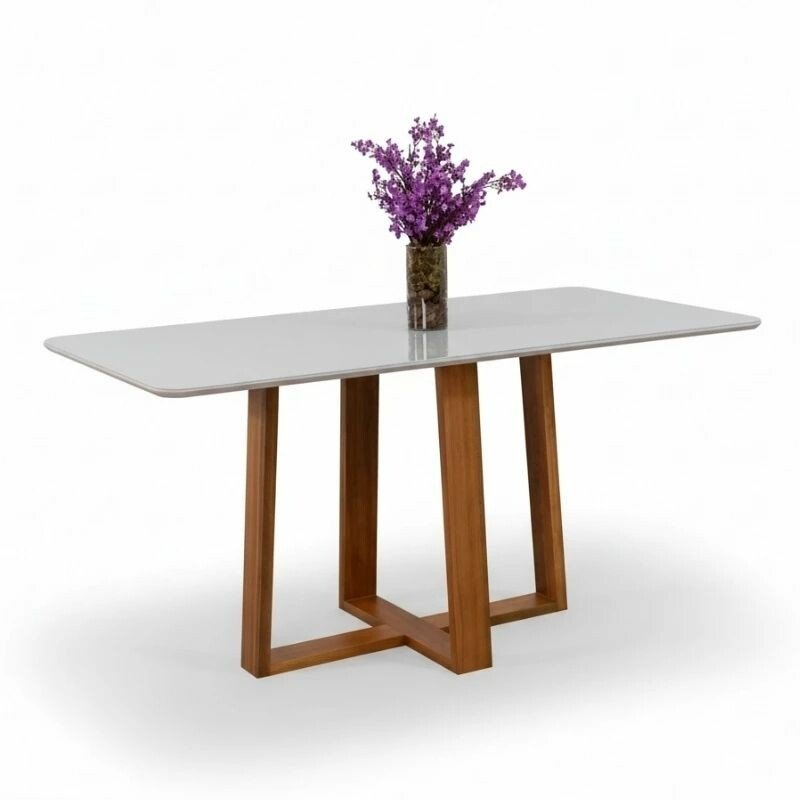 Mesa de Jantar Pedro 160×80 Vidro Off/Base Madeira + 6 Cad. Lisboa Veludo Azul 503 Madeira Art Assento - Entregue Montada - Imagem 3