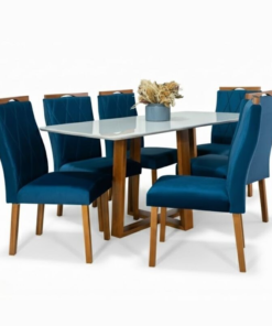 Mesa de Jantar Pedro 160×80 Vidro Off/Base Madeira + 6 Cad. Lisboa Veludo Azul 503 Madeira Art Assento - Entregue Montada