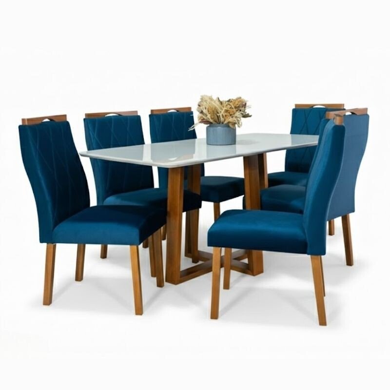 Mesa de Jantar Pedro 160×80 Vidro Off/Base Madeira + 6 Cad. Lisboa Veludo Azul 503 Madeira Art Assento - Entregue Montada